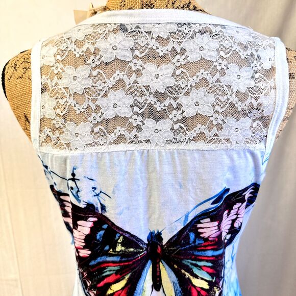 Monte Cervino Women's  Blue Butterfly Print Mini Lace Back Dress Tunic Sz L/XL - Picture 6 of 11